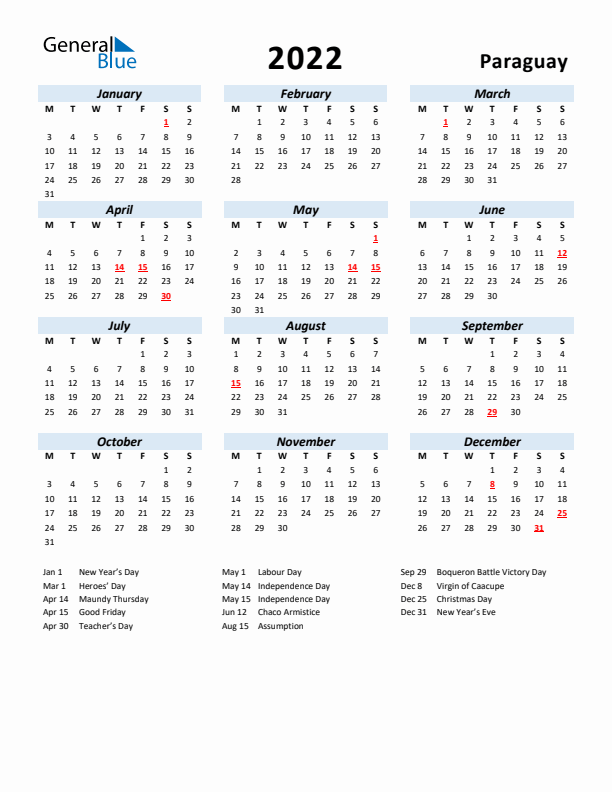 2022 Calendar for Paraguay with Holidays