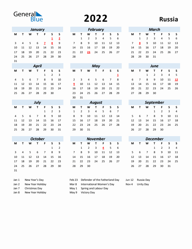 2022 Calendar for Russia with Holidays