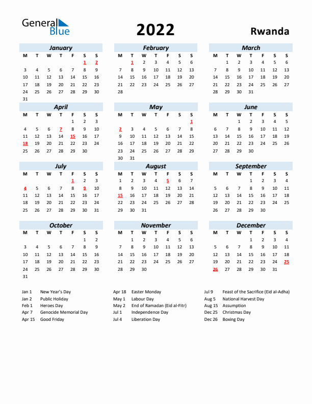 2022 Calendar for Rwanda with Holidays