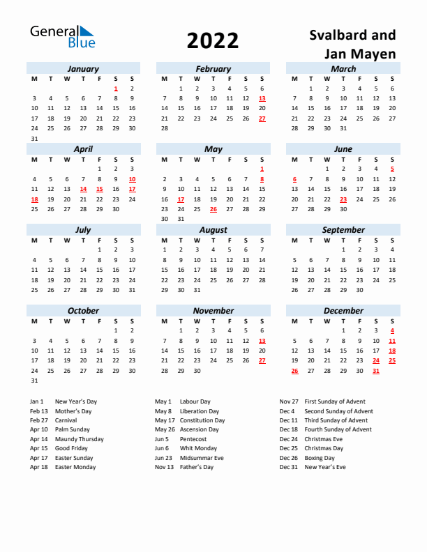 2022 Calendar for Svalbard and Jan Mayen with Holidays