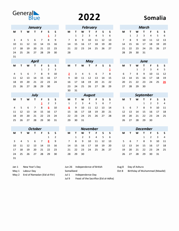 2022 Calendar for Somalia with Holidays