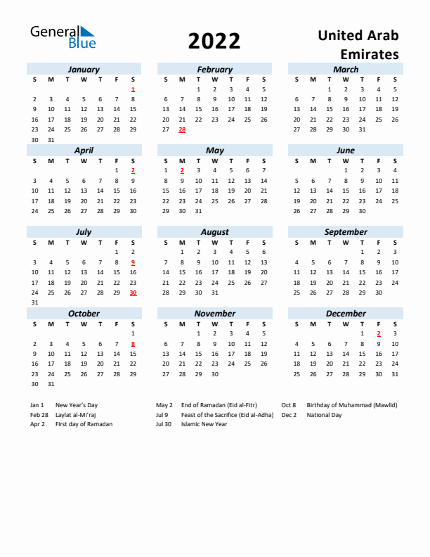 2022 Calendar for United Arab Emirates with Holidays