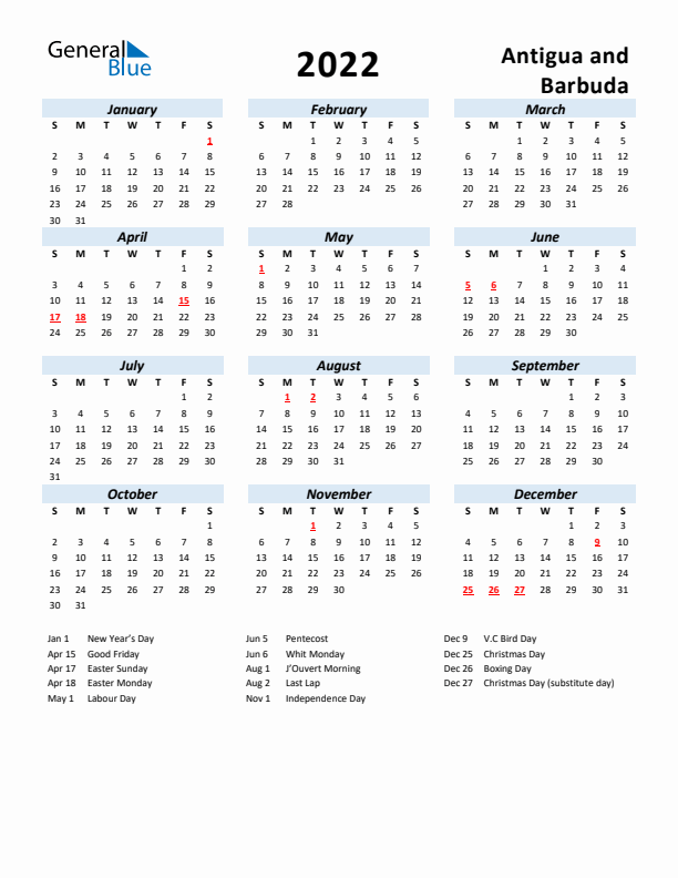 2022 Calendar for Antigua and Barbuda with Holidays