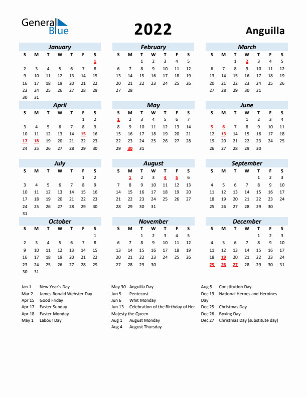 2022 Calendar for Anguilla with Holidays