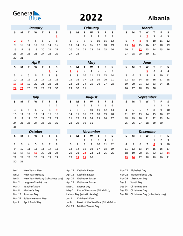 2022 Calendar for Albania with Holidays