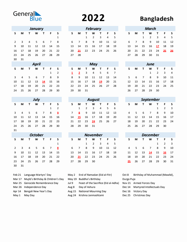 2022 Calendar for Bangladesh with Holidays