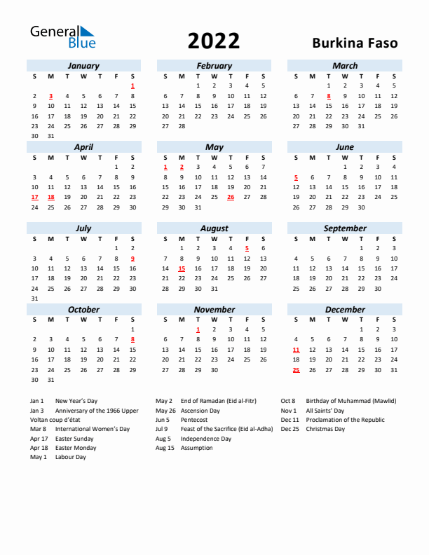 2022 Calendar for Burkina Faso with Holidays