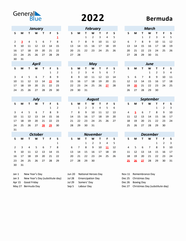 2022 Calendar for Bermuda with Holidays