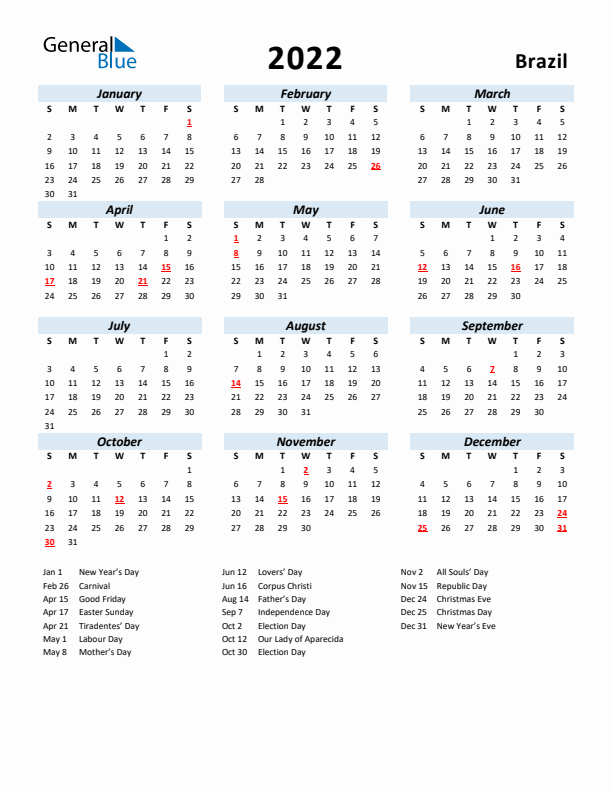 2022 Calendar for Brazil with Holidays