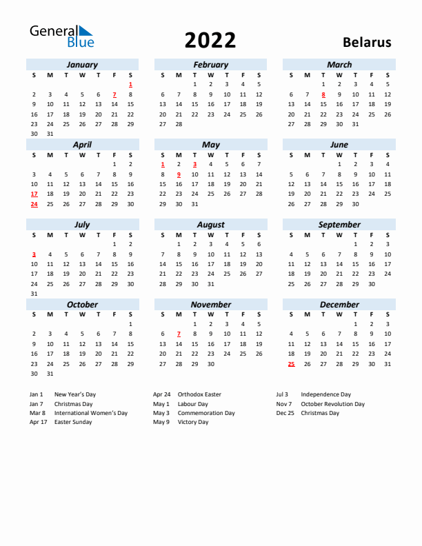 2022 Calendar for Belarus with Holidays