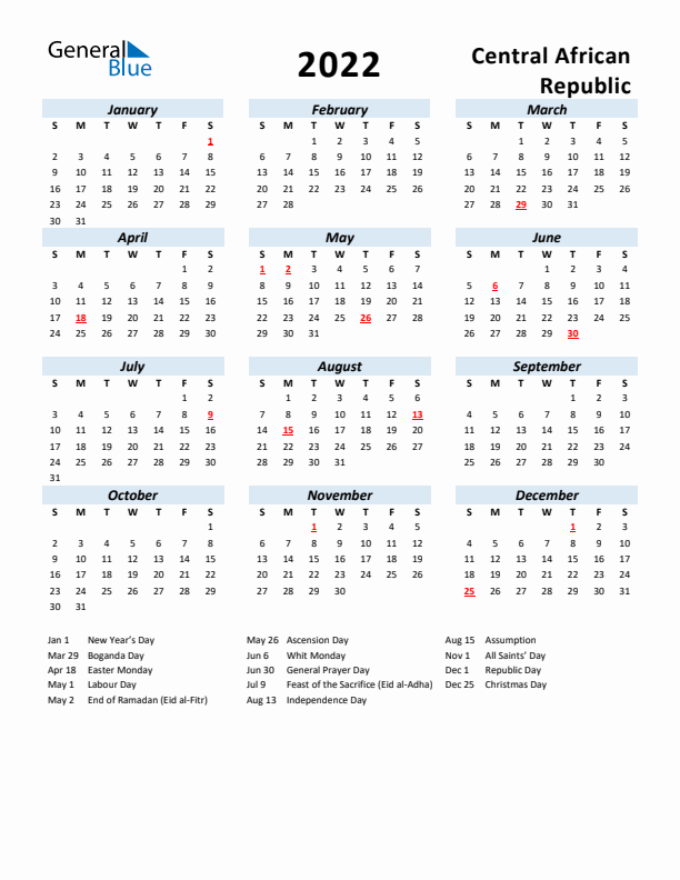 2022 Calendar for Central African Republic with Holidays