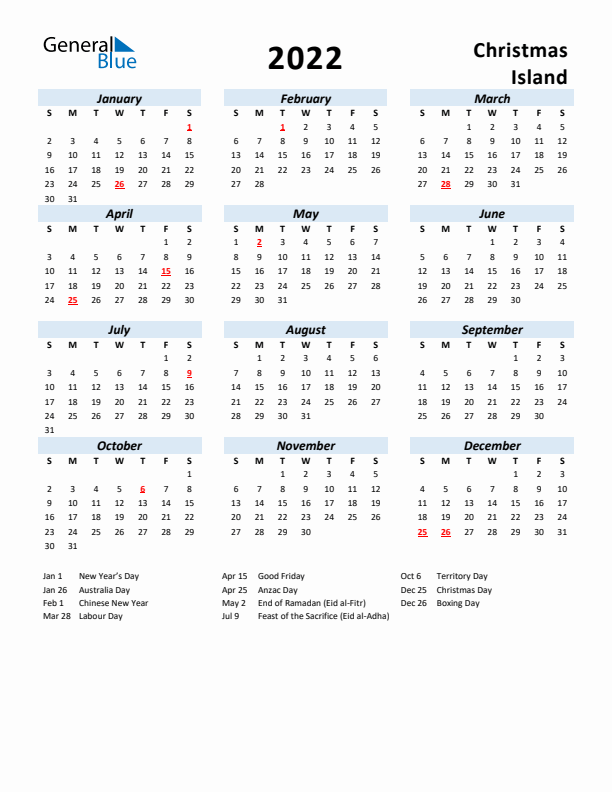 2022 Calendar for Christmas Island with Holidays