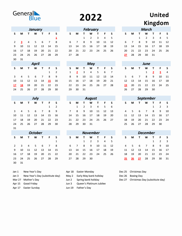 2022 Calendar for United Kingdom with Holidays