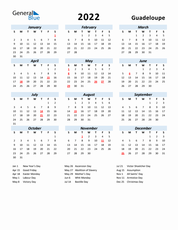 2022 Calendar for Guadeloupe with Holidays