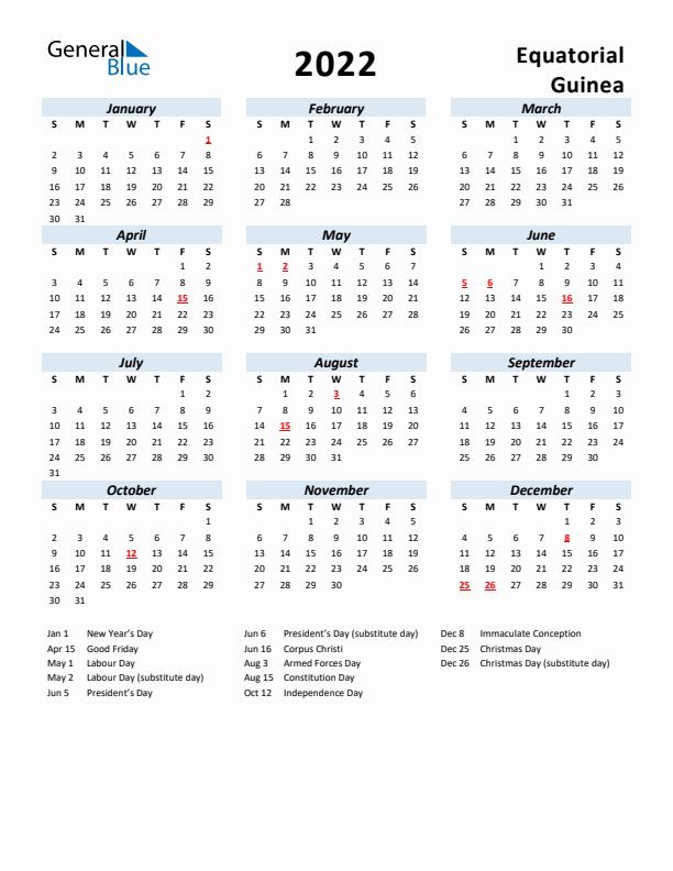 2022 Calendar for Equatorial Guinea with Holidays