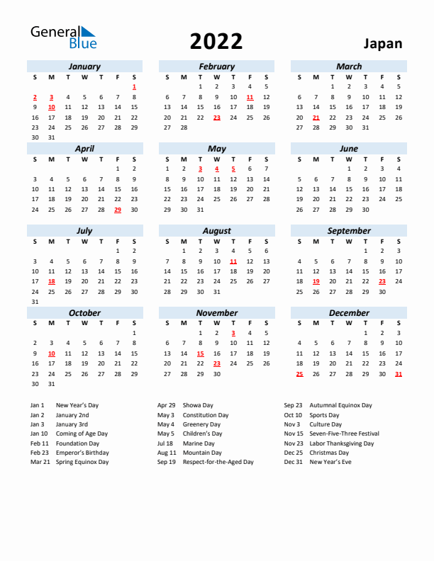 2022 Calendar for Japan with Holidays