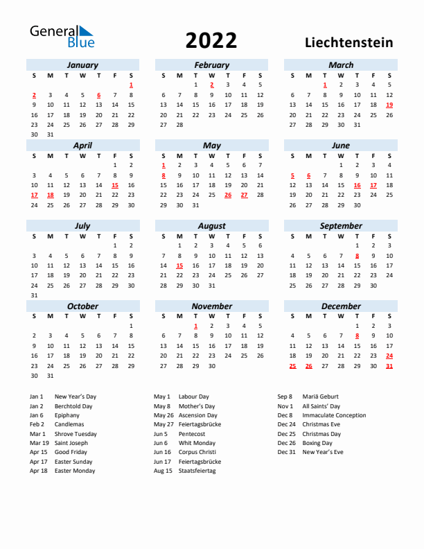 2022 Calendar for Liechtenstein with Holidays