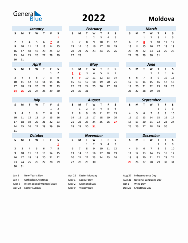 2022 Calendar for Moldova with Holidays