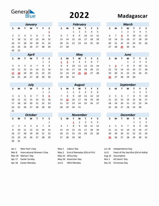 2022 Calendar for Madagascar with Holidays