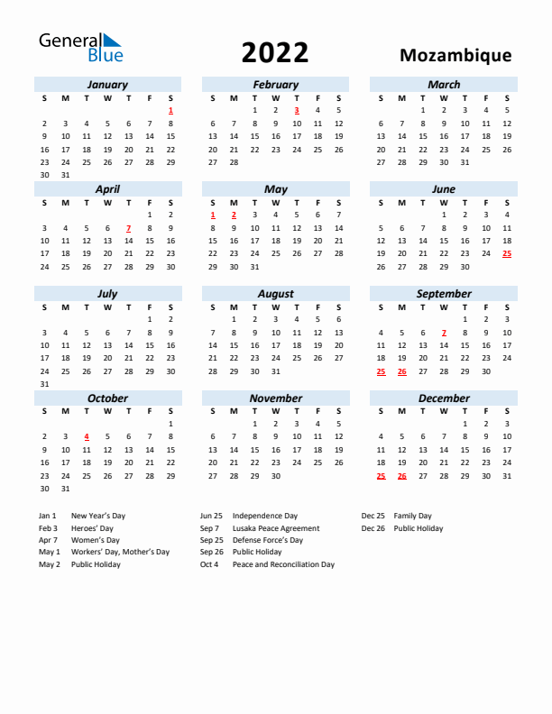 2022 Calendar for Mozambique with Holidays