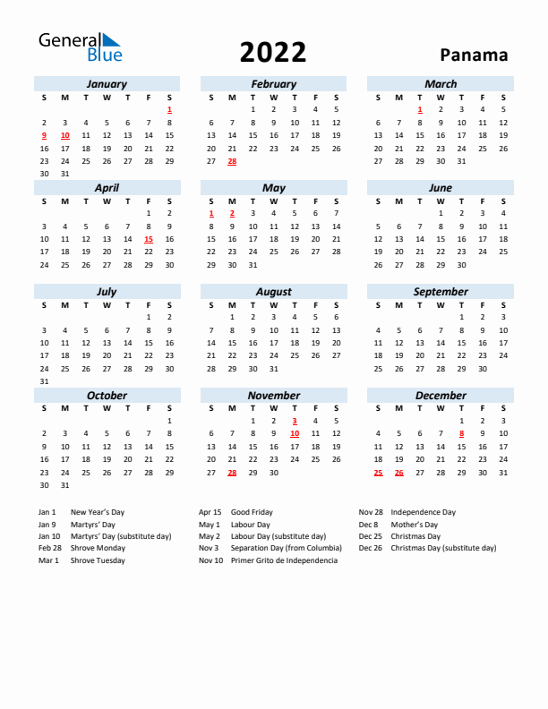 2022 Calendar for Panama with Holidays