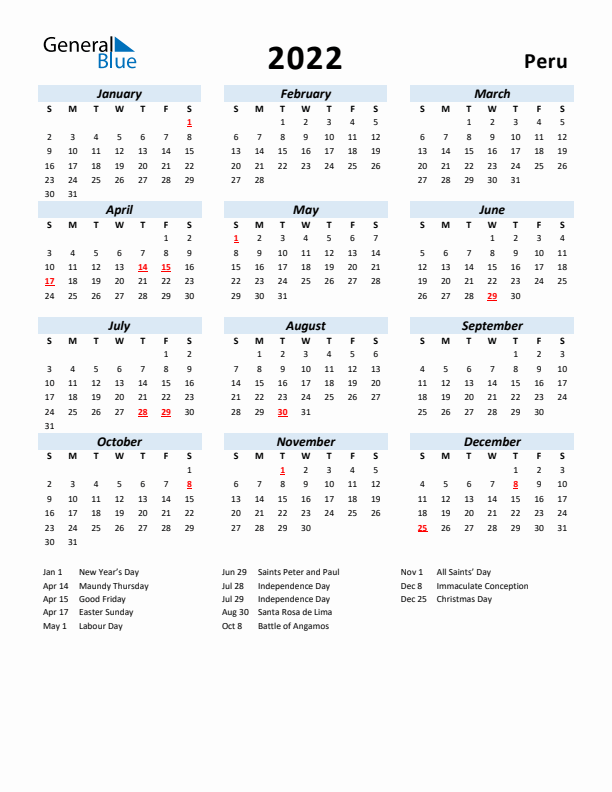 2022 Calendar for Peru with Holidays