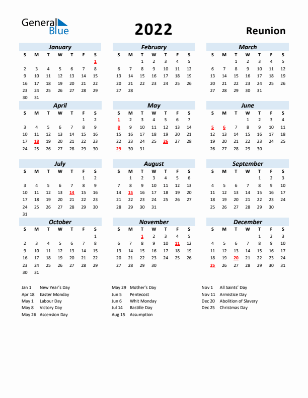 2022 Calendar for Reunion with Holidays