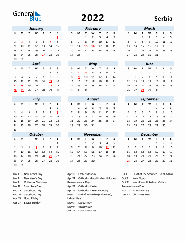 2022 Calendar for Serbia with Holidays