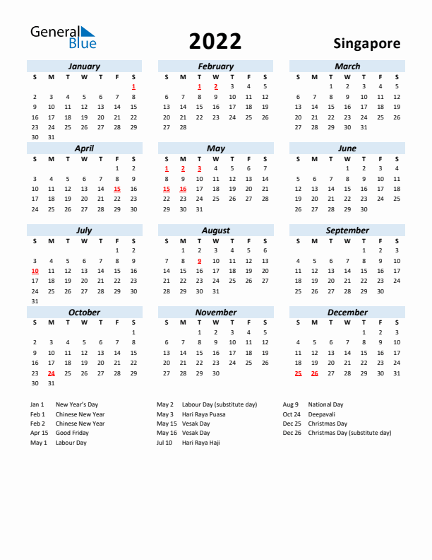 2022 Calendar for Singapore with Holidays