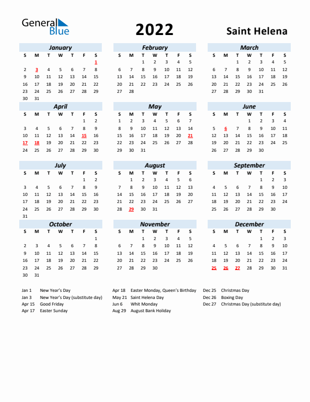 2022 Calendar for Saint Helena with Holidays