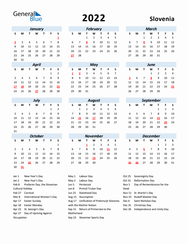 2022 Calendar for Slovenia with Holidays