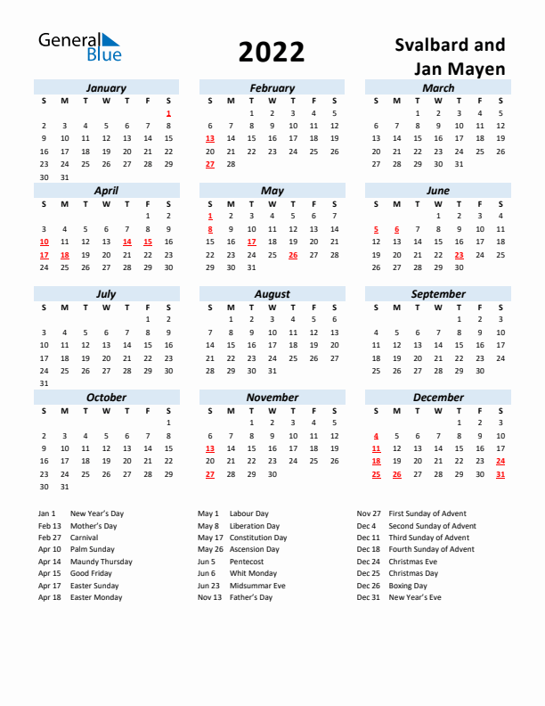 2022 Calendar for Svalbard and Jan Mayen with Holidays