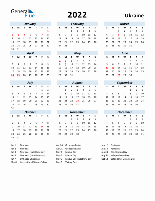 2022 Calendar for Ukraine with Holidays