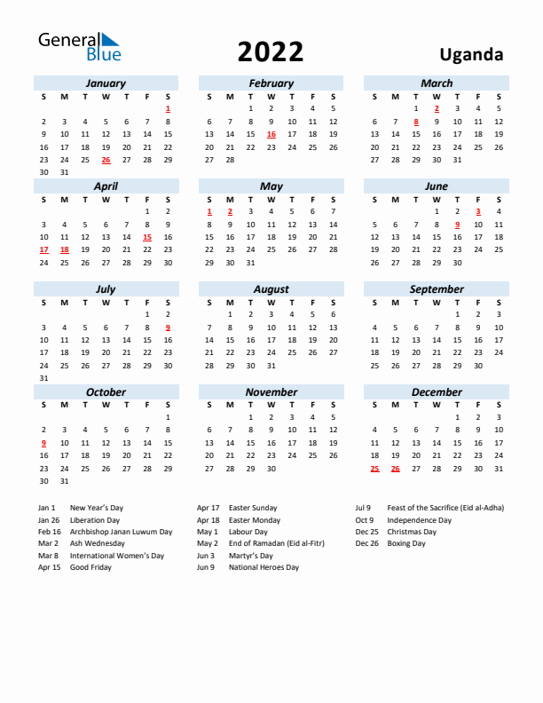 2022 Calendar for Uganda with Holidays