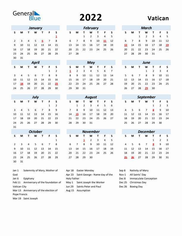 2022 Calendar for Vatican with Holidays