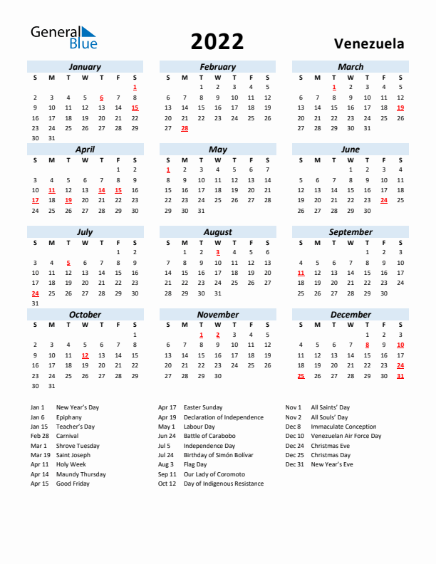 2022 Calendar for Venezuela with Holidays