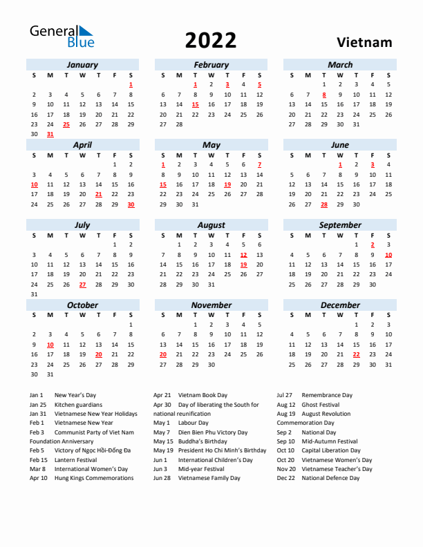 2022 Calendar for Vietnam with Holidays