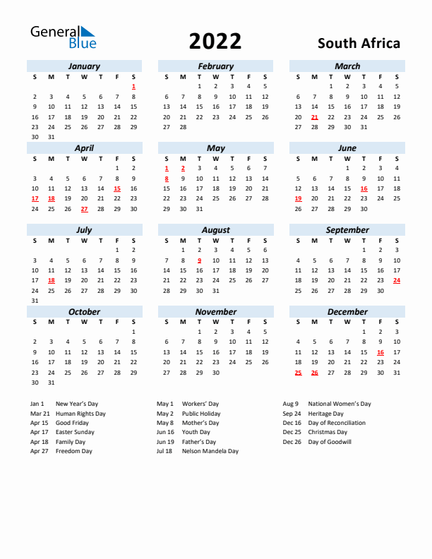 2022 Calendar for South Africa with Holidays