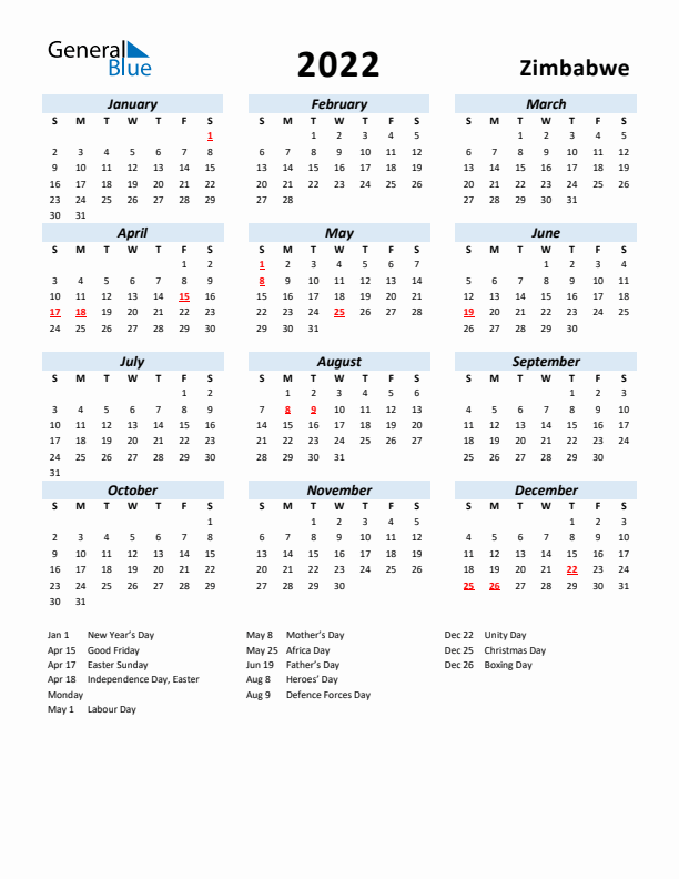 2022 Calendar for Zimbabwe with Holidays