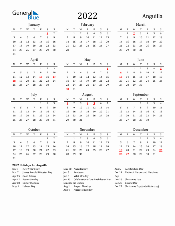 Anguilla Holidays Calendar for 2022