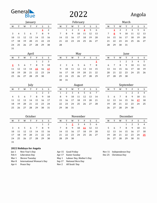 Angola Holidays Calendar for 2022