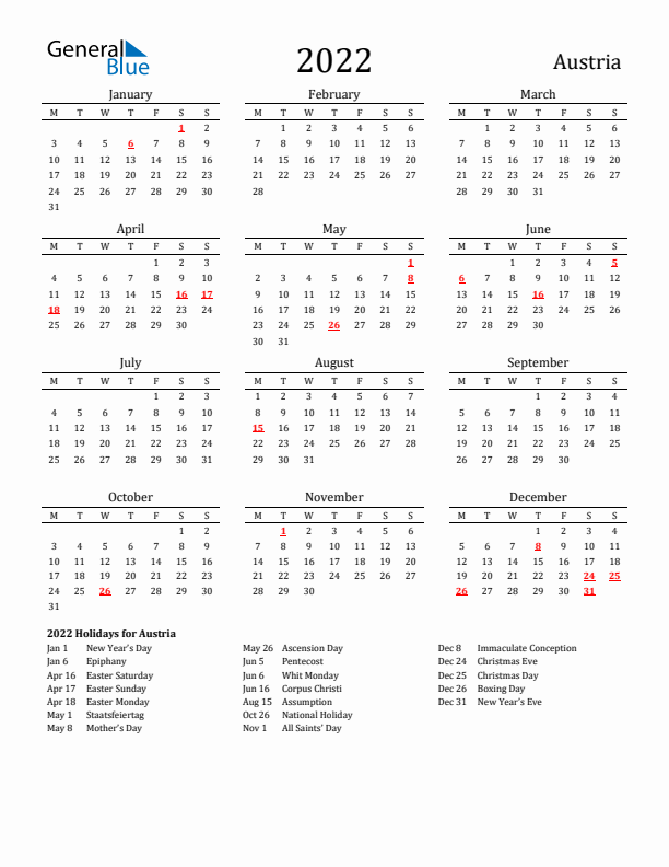 Austria Holidays Calendar for 2022