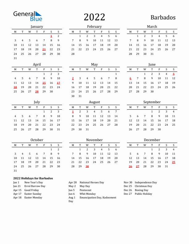 Barbados Holidays Calendar for 2022