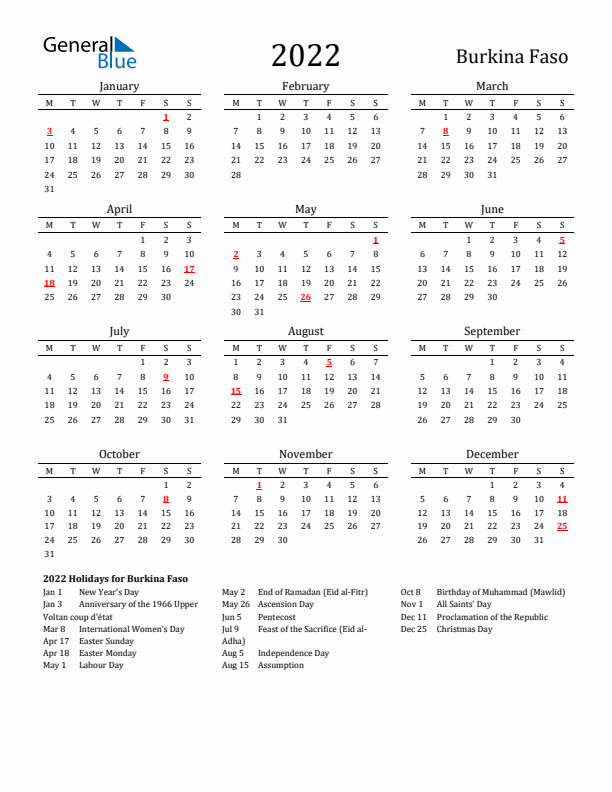 Burkina Faso Holidays Calendar for 2022