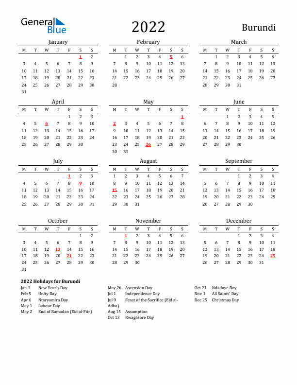 Burundi Holidays Calendar for 2022