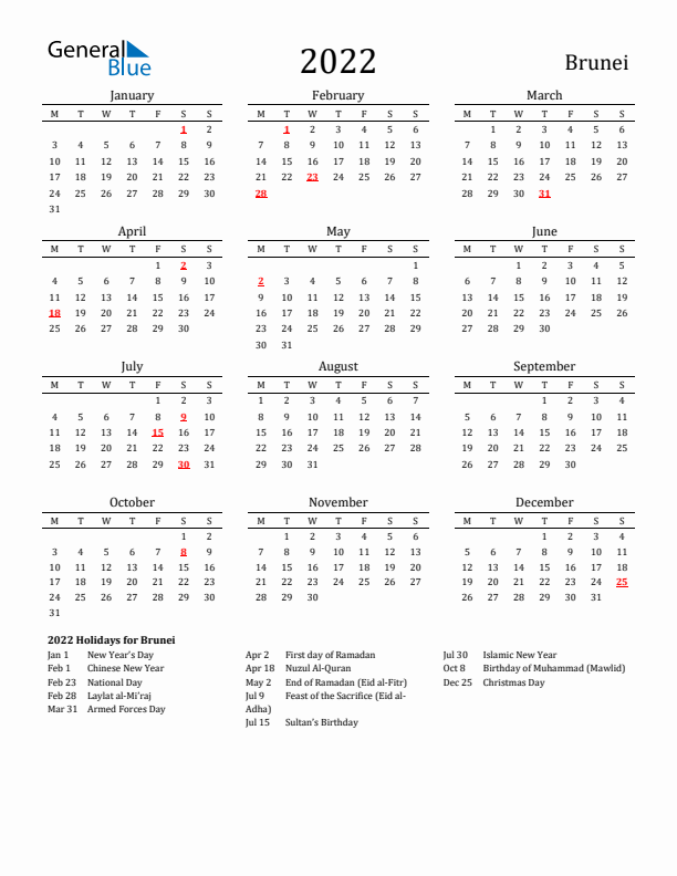 Brunei Holidays Calendar for 2022