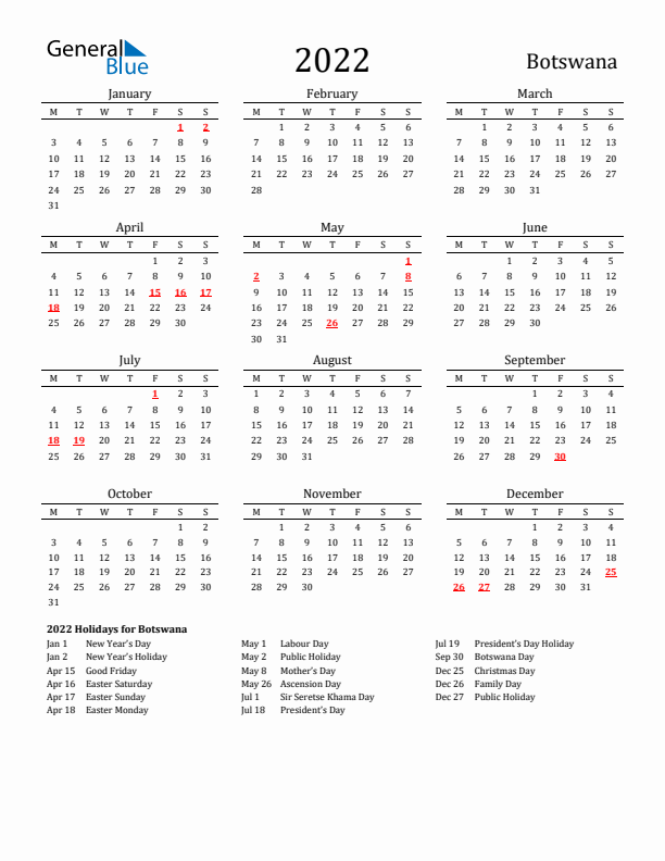 Botswana Holidays Calendar for 2022