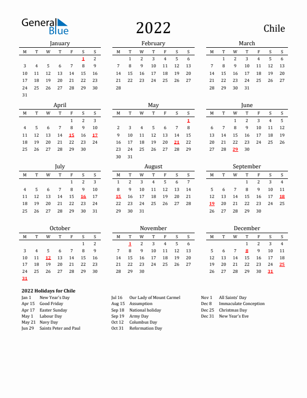 Chile Holidays Calendar for 2022