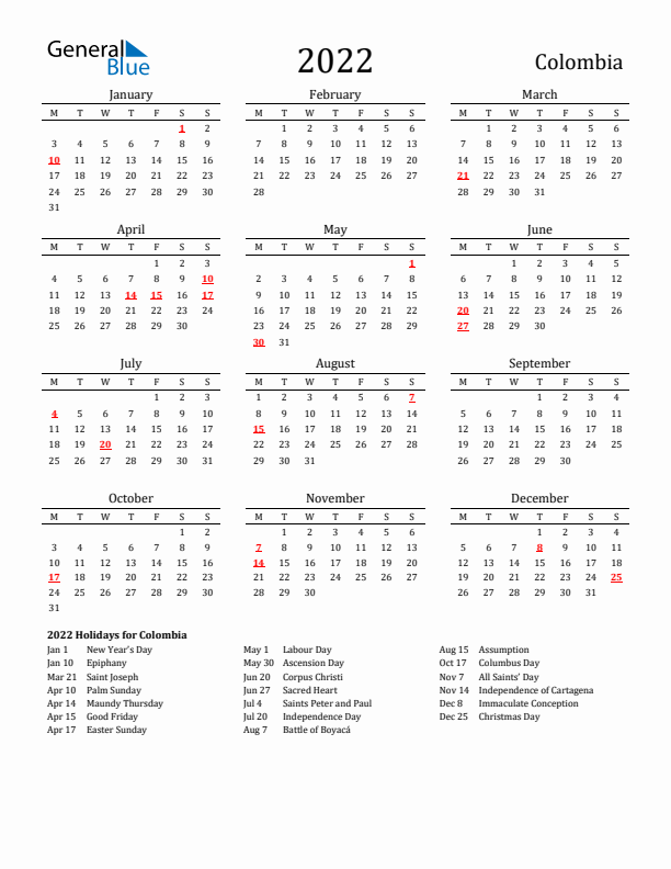 Colombia Holidays Calendar for 2022