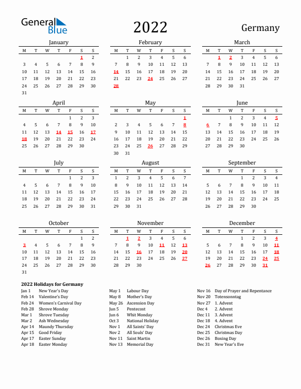 Germany Holidays Calendar for 2022